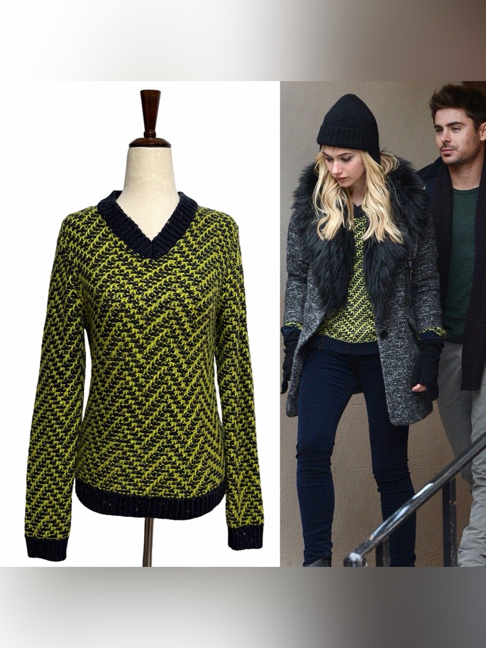 Topshop • Green & Navy Chevron Stripe V Neck Sweater US 4 ASO Imogen Poots
